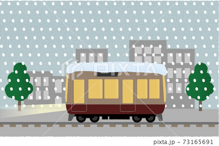 吹雪の中 ライトを点けて都市を走る電車のベクターイラストのイラスト素材