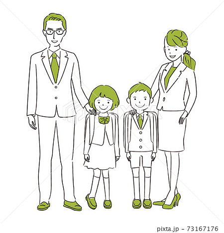 手描き1color 入学式 桜とランドセルを背負った男の子と女の子と両親のイラスト素材