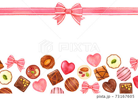 水彩チョコレートボンボンとリボンのフレーム_はがき横 73167605