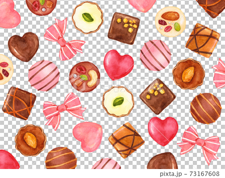水彩散らばったリボンとチョコレートボンボン 水彩散らばったリボンとチョコレートボンボン 73167608
