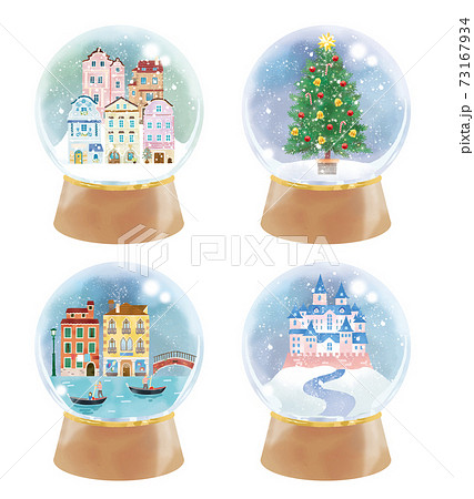 水彩タッチの色々なスノードームのイラストセットのイラスト素材