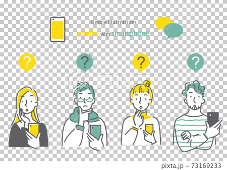 シンプルでおしゃれな線画イラスト　スマホを持った若者 73169233