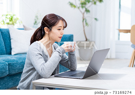 リビングでテレワーク中の若い女性 73169274