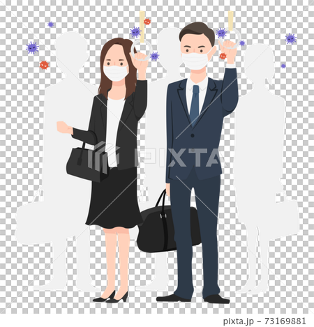 Women and men commuting by train. Illustrations where the risk of virus infection lurks in various places. Women and men commuting by train. Illustrations where the risk of virus infection lurks in various places. 73169881