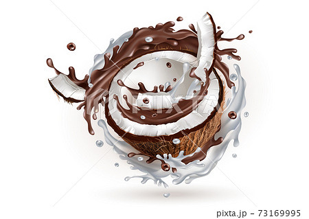 Sliced coconut in a milky and chocolate splash. 73169995