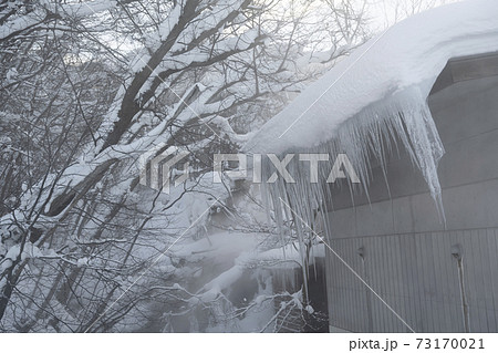 屋根に積もった雪から下がるつらら 73170021