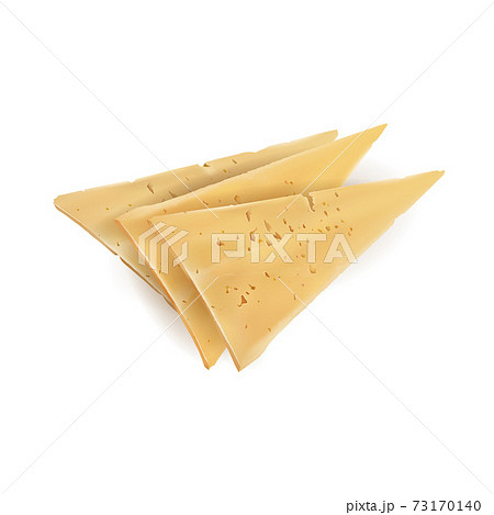Three triangular yellow slices of appetizing cheese. 73170140