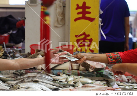 東南アジアシンガポールの魚市場での現金会計風景 東南アジアシンガポールの魚市場での現金会計風景 73171732