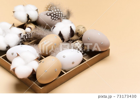 Easter eggs on beige pastel background with space for text. Flat lay image composition, top view. Easter eggs on beige pastel background with space for text. Flat lay image composition, top view. 73173430