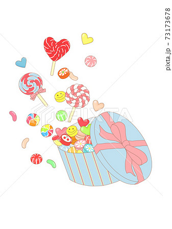 お菓子の箱から飛び出したカラフルなキャンディたちのイラスト素材