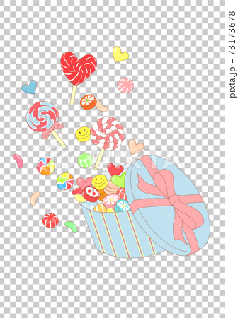 お菓子の箱から飛び出したカラフルなキャンディたちのイラスト素材