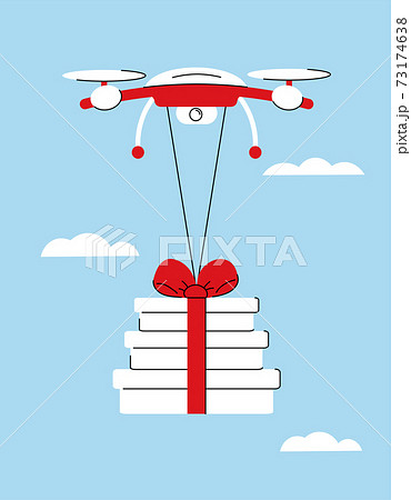 Contactless delivery. The drone carries gifts through the air against the background of the sky. Festive concept. Online delivery. Vector 73174638
