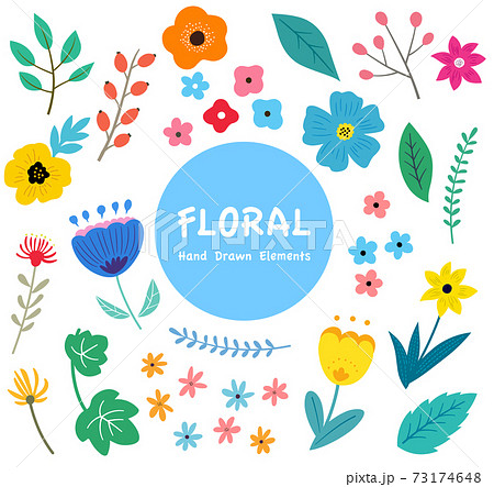 花と葉っぱのイラストセット 春の植物による手描きテイストのイラスト素材