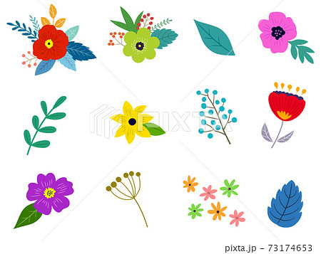 花と葉のイラストセット 春の植物による手描きテイストのイラスト素材