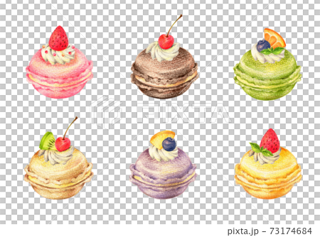 フルーツでデコレーションしたマカロンセット　手描き色鉛筆画 73174684