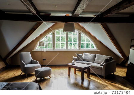 Modern scandinavian farmhouse contemporary rustic hotel interior, defocused 73175404