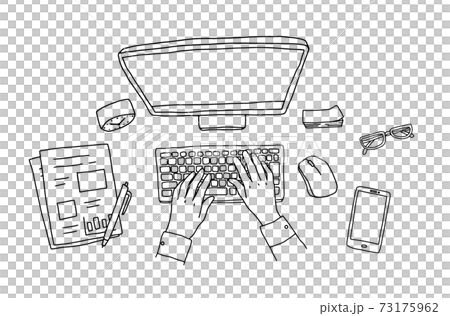 仕事中のデスクの手描きイラスト　パソコン　PC　スケッチ　おしゃれ　シンプル　オフィス　俯瞰 73175962