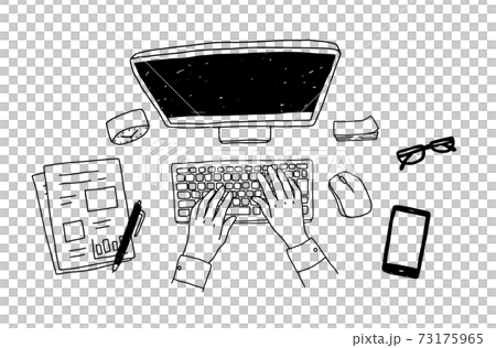 仕事中のデスクの手描きイラスト パソコン PC スケッチ おしゃれ シンプル オフィス 俯瞰 仕事中のデスクの手描きイラスト パソコン PC スケッチ おしゃれ シンプル オフィス 俯瞰 73175965