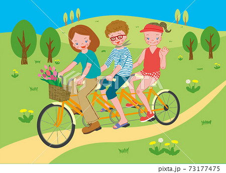 3人の女性が3人乗り自転車に乗っているのイラスト素材