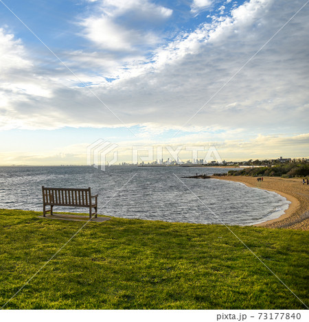 Wooden bench near Brighton beach, Melbourne Wooden bench near Brighton beach, Melbourne 73177840