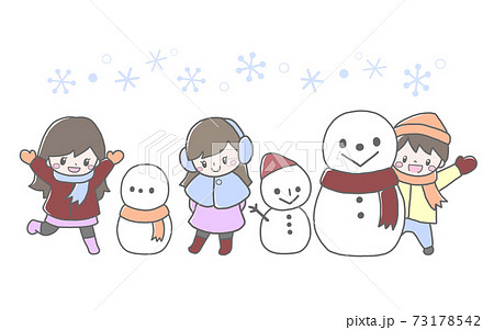 冬のかわいい子ども達と雪だるまの手描き風イラストのイラスト素材