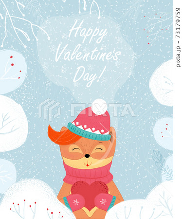 Valentines Day Greeting Winter Fox Hold Red Heart Valentines Day Greeting Winter Fox Hold Red Heart 73179759