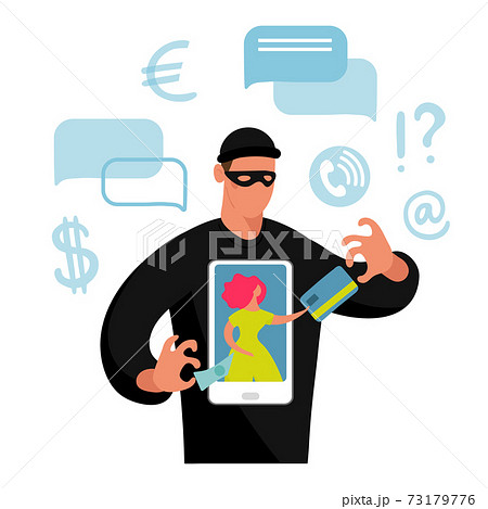 Conceptual illustration of online fraud, cyber crime, data hacking. The girl on the phone screen and the scammer stealing money and a bank card. Flat vector illustration. Conceptual illustration of online fraud, cyber crime, data hacking. The girl on the phone screen and the scammer stealing money and a bank card. Flat vector illustration. 73179776