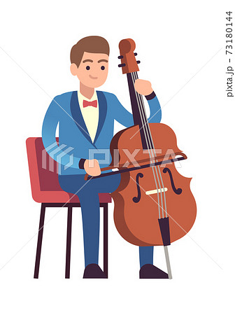 Cellist performance. Classic male musician character in blue dress with cello plays melody, violoncello instrument, acoustic music show flat vector cartoon isolated illustration Cellist performance. Classic male musician character in blue dress with cello plays melody, violoncello instrument, acoustic music show flat vector cartoon isolated illustration 73180144
