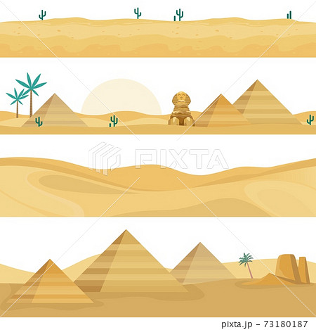 Desert landscape seamless borders. Sand dunes, Egyptian landmarks elements, pyramids, palm trees and Sphinx against hot sahara sunset. Vector endless horizontal backgrounds set 73180187