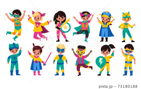 Kids superheroes. Children in superhero comics costumes, cute brave girls and strong boys in capes and masks collection, different powers owners. Vector flat cartoon characters set 73180188