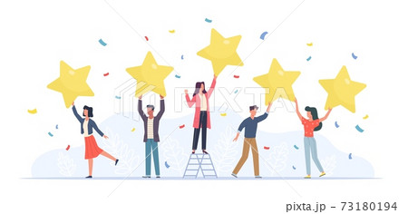 Tiny people with stars. Happy customers rate app, site or service. Small women and men give feedback online, clients product review, satisfaction rating social media survey vector concept Tiny people with stars. Happy customers rate app, site or service. Small women and men give feedback online, clients product review, satisfaction rating social media survey vector concept 73180194