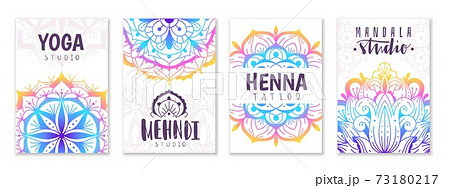Mandala yoga ornament. Oriental patterns cards with decorative indian color fractals, meditation circles. Mehndi tattoo, yoga or beauty fashion spa backgrounds vector posters set Mandala yoga ornament. Oriental patterns cards with decorative indian color fractals, meditation circles. Mehndi tattoo, yoga or beauty fashion spa backgrounds vector posters set 73180217