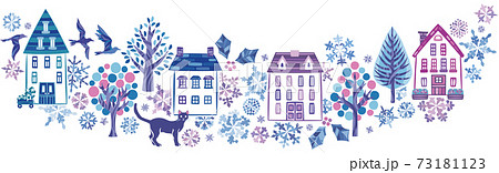 冬の雪の街並みや家 フレームのイラスト素材