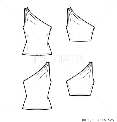 Set of One-shoulder tops tank technical fashion illustration with ruching, fitted body, tunic and waist length hem. Set of One-shoulder tops tank technical fashion illustration with ruching, fitted body, tunic and waist length hem. 73181525