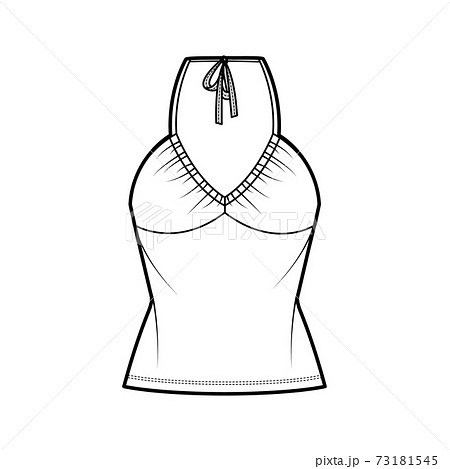 Top V-neck halter tank technical fashion illustration with empire seam, thin tieback, slim fit, bow, tunic length. Flat  73181545