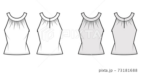 Top rounded neck band tank technical fashion illustration with ruching, fitted body, button keyhole, tunic length.  73181688