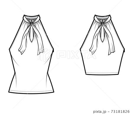 Set of Tops V-neck halter tank technical fashion illustration with tie, wrap, slim fit, bow, crop, tunic length. Flat Set of Tops V-neck halter tank technical fashion illustration with tie, wrap, slim fit, bow, crop, tunic length. Flat 73181826