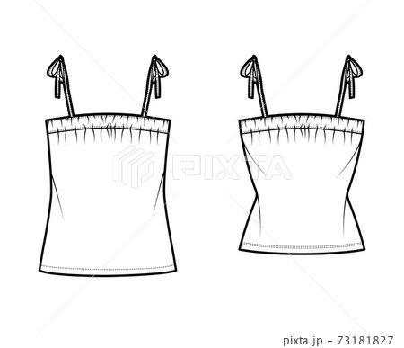 Set of Tanks tie strap tops technical fashion illustration with ruching, oversized and fitted body, tunic length. Flat 73181827
