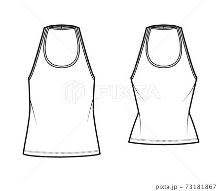 Set of Tanks halter scoop neck tops technical fashion illustration with slim, oversized fit, waist length. Flat apparel 73181867