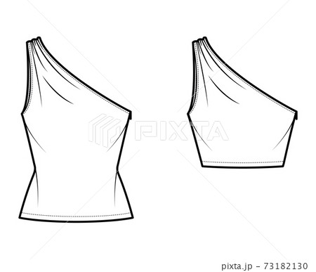 Set of One-shoulder tops tank technical fashion illustration with ruching, fitted body, tunic and waist length hem. Set of One-shoulder tops tank technical fashion illustration with ruching, fitted body, tunic and waist length hem. 73182130