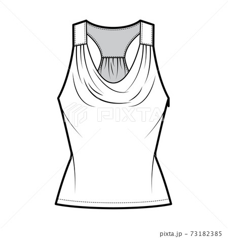 Tank racerback cowl top technical fashion illustration with ruching, fitted body, tunic length. Flat apparel outwear  73182385