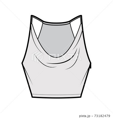 Tank low cowl Crop Camisole technical fashion illustration with thin adjustable straps, slim fit, waist length. Flat  73182479