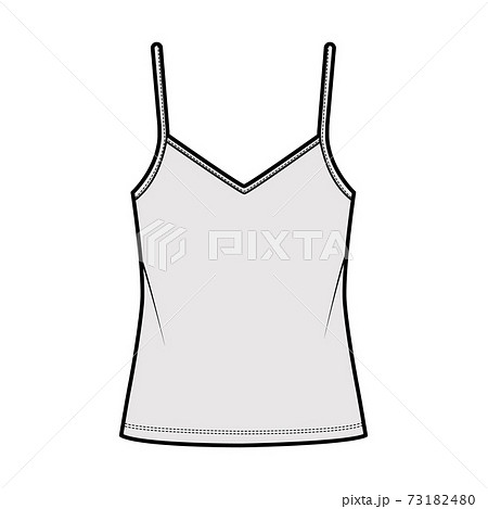 Camisole V-neck cotton-jersey top technical fashion illustration with thin adjustable straps, oversized, tunic length. Camisole V-neck cotton-jersey top technical fashion illustration with thin adjustable straps, oversized, tunic length. 73182480