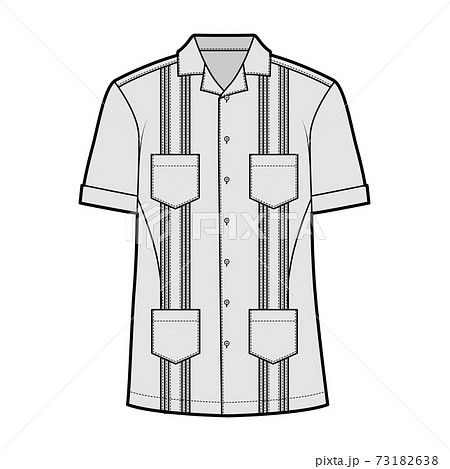 Shirt guayabera technical fashion illustration with short sleeves, pintucked, patch pockets, relax fit, yoke button-down Shirt guayabera technical fashion illustration with short sleeves, pintucked, patch pockets, relax fit, yoke button-down 73182638