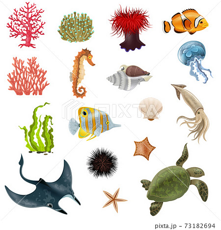 Sea Life Cartoon Icons Set Sea Life Cartoon Icons Set 73182694
