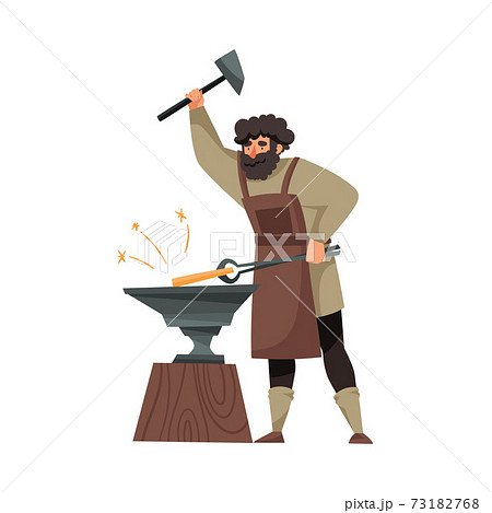 Bearded Blacksmith in Apron Forging Blade on the Anvil Vector Illustration 73182768