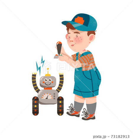 Pleased Boy in Baseball Cap and Shortalls Controlling Robot with Console Panel Vector Illustration 73182913