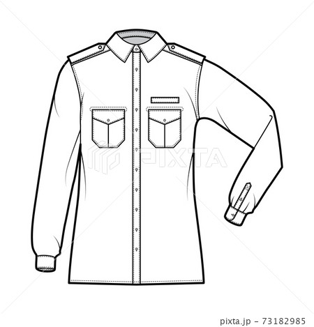 Shirt military technical fashion illustration with epaulette, flaps angled pockets, elbow fold long sleeve, relax fit 73182985