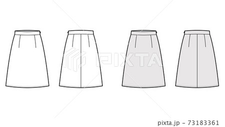 Skirt A-line fullness technical fashion illustration with knee length silhouette, thin waistband Flat bottom template 73183361
