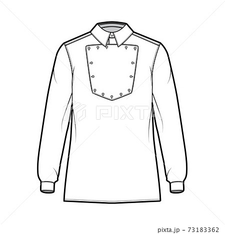 Shirt cavalry Officer technical fashion illustration with bib, long sleeves, relax fit, classic collar. Flat 73183362